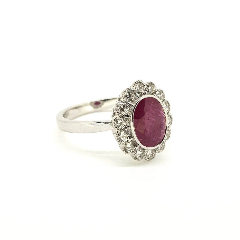 1.77ct Ruby and Diamond Oval Floral Cluster Ring in 18ct White Gold