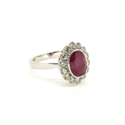 1.77ct Ruby and Diamond Oval Floral Cluster Ring in 18ct White Gold