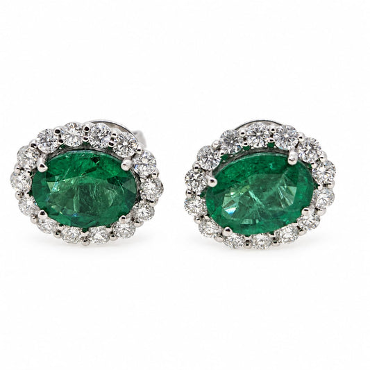 Emerald and Diamond cluster earrings, 18 carat white gold E2.35/D0.71