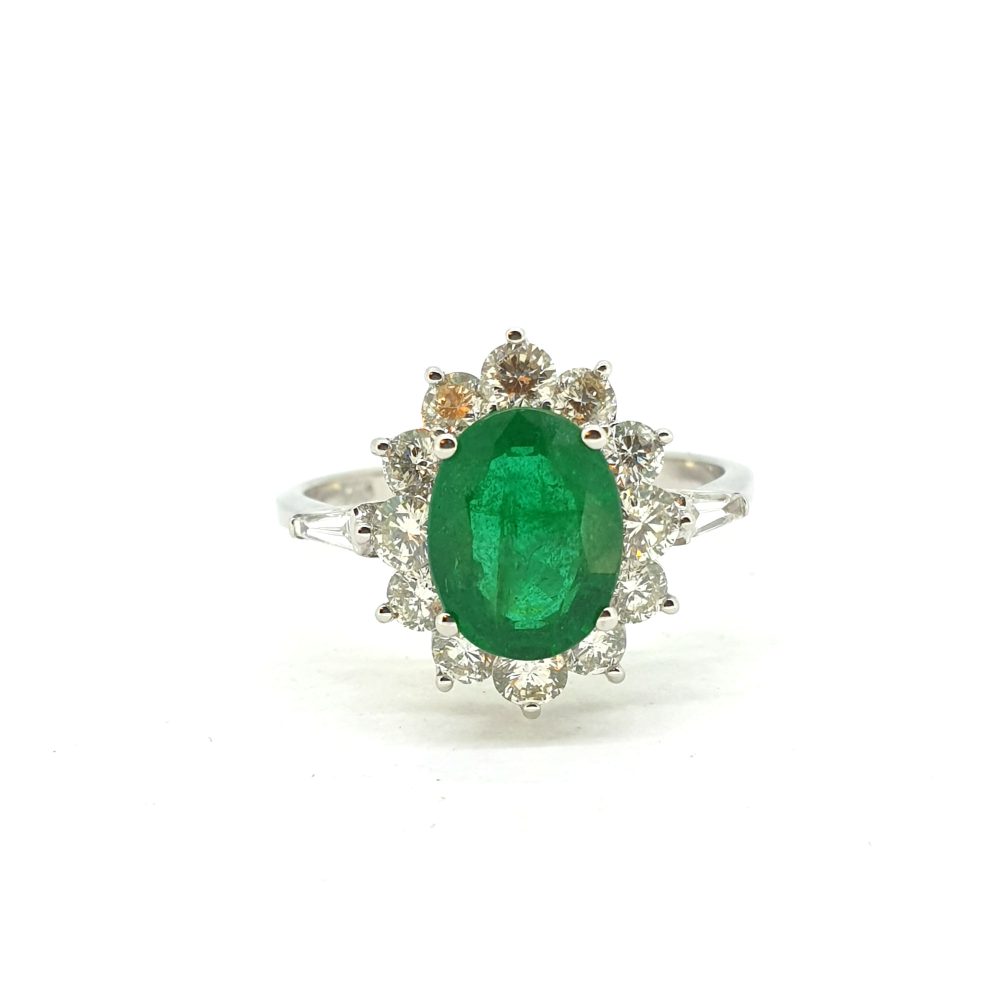 1.54ct Oval Emerald and Diamond Cluster Engagement Ring