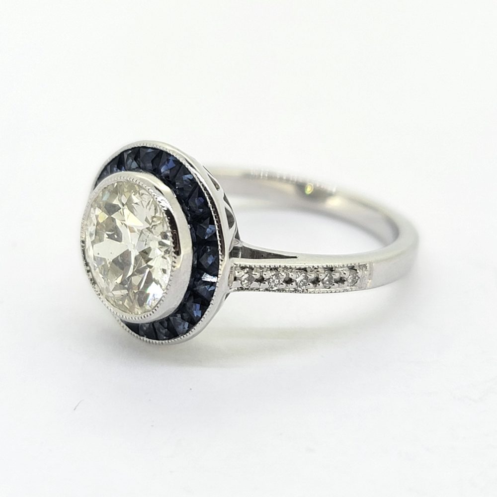 2.22ct Old Cut Diamond and Calibre Sapphire Target Engagement Ring