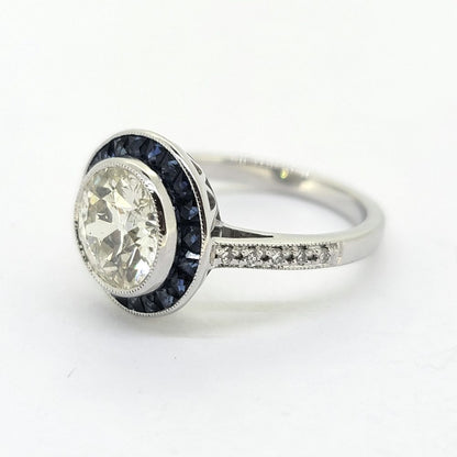 2.22ct Old Cut Diamond and Calibre Sapphire Target Engagement Ring