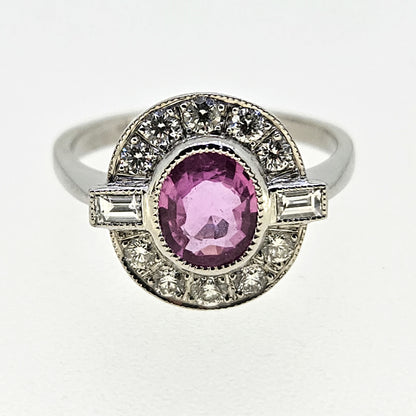 1.20ct oval pink sapphire ring with diamonds in platinum