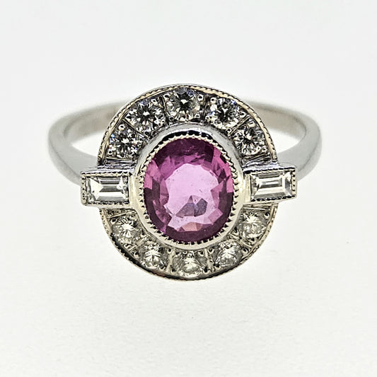 1.20ct oval pink sapphire ring with diamonds in platinum