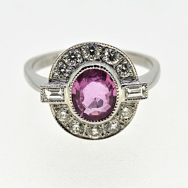 1.20ct oval pink sapphire ring with diamonds in platinum