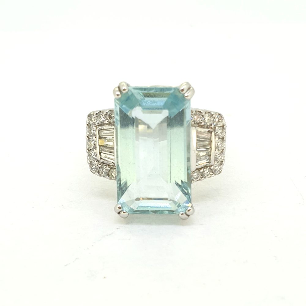 8.21ct Aquamarine Ring with Brilliant and Baguette Diamond Buckle Shoulders