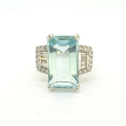 8.21ct Aquamarine Ring with Brilliant and Baguette Diamond Buckle Shoulders