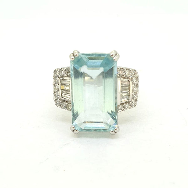 8.21ct Aquamarine Ring with Brilliant and Baguette Diamond Buckle Shoulders