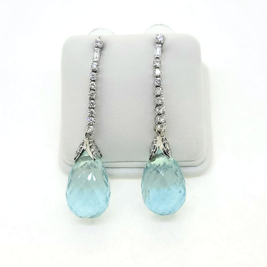 20cts Pear Briolette Aquamarine and Diamond Drop Earrings