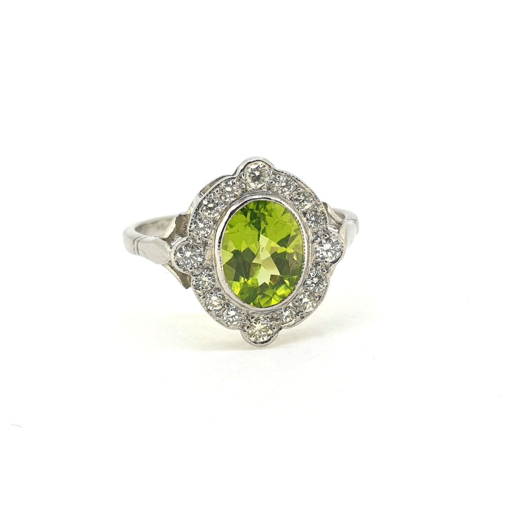 1.35ct Oval Peridot and Diamond Cluster Ring