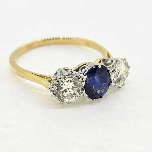 Vintage 1.14cts Sapphire and Diamond Three Stone Trilogy Engagement Ring, Yellow Gold