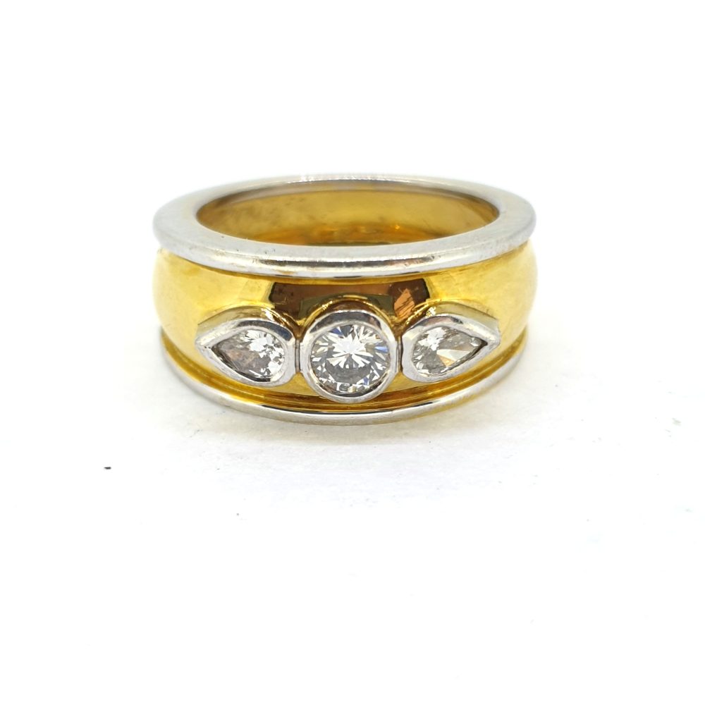 Wide 18ct Yellow Gold Brilliant and Pear Trilogy Diamond Ring Gents Engagement Ring