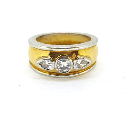Wide 18ct Yellow Gold Brilliant and Pear Trilogy Diamond Ring Gents Engagement Ring