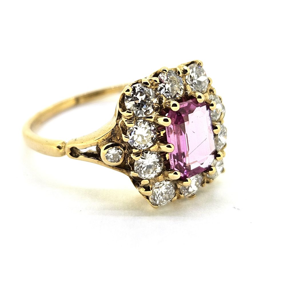 Antique Style Pink Sapphire and Diamond Crown Cluster Ring in Yellow Gold