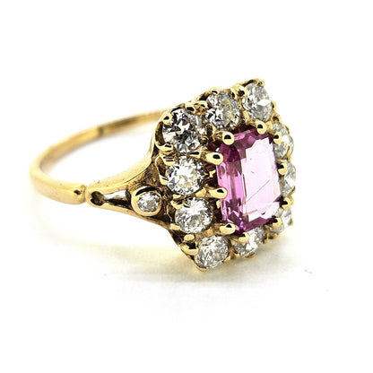 Antique Style Pink Sapphire and Diamond Crown Cluster Ring in Yellow Gold