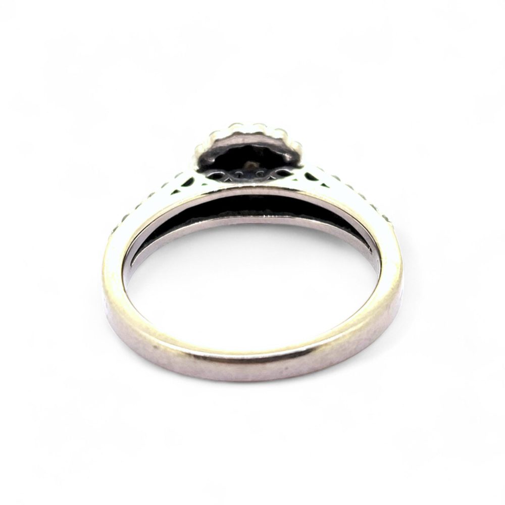 Diamond Halo Cluster Engagement Ring, central diamond surrounded by double border of diamonds in 18ct gold with two rows of diamonds to each shoulder