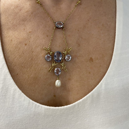 Arts and Crafts Natural Sapphire, Pink Topaz and Pearl Pendant Necklace