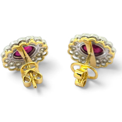 Oval Shape Ruby and Diamond Cluster Earrings 
