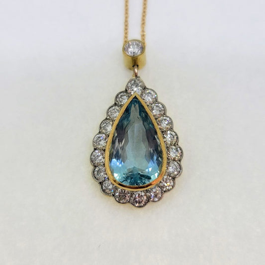 4.75ct Pear Cut Aquamarine and Diamond Cluster Pendant