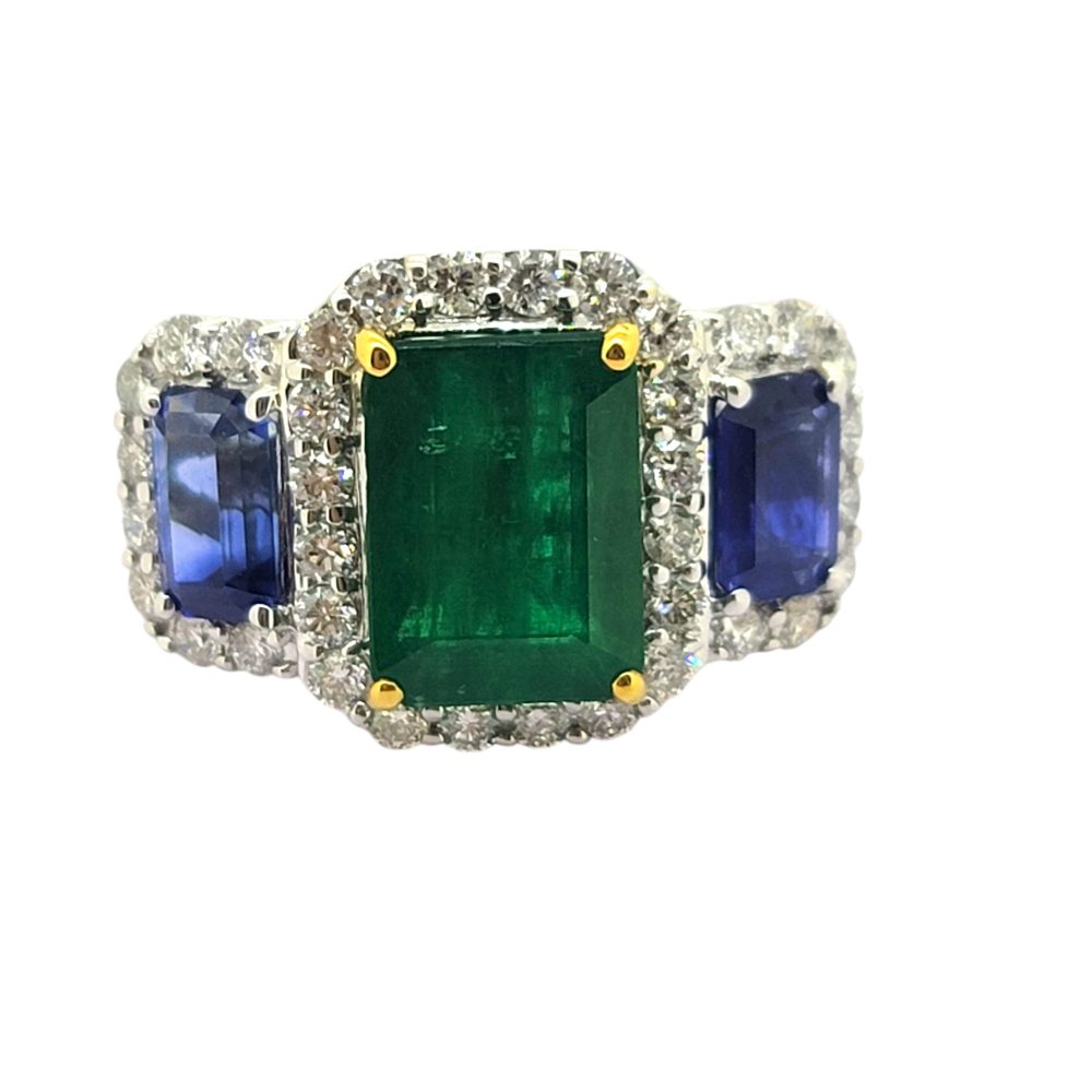 3.28ct Emerald Sapphire and Diamond Triple Cluster Ring, three stone emerald flanked by sapphires within diamond surrounds in 18ct white gold