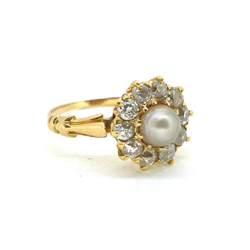 Antique Victorian Natural Pearl and Old Cut Diamond Cluster Ring