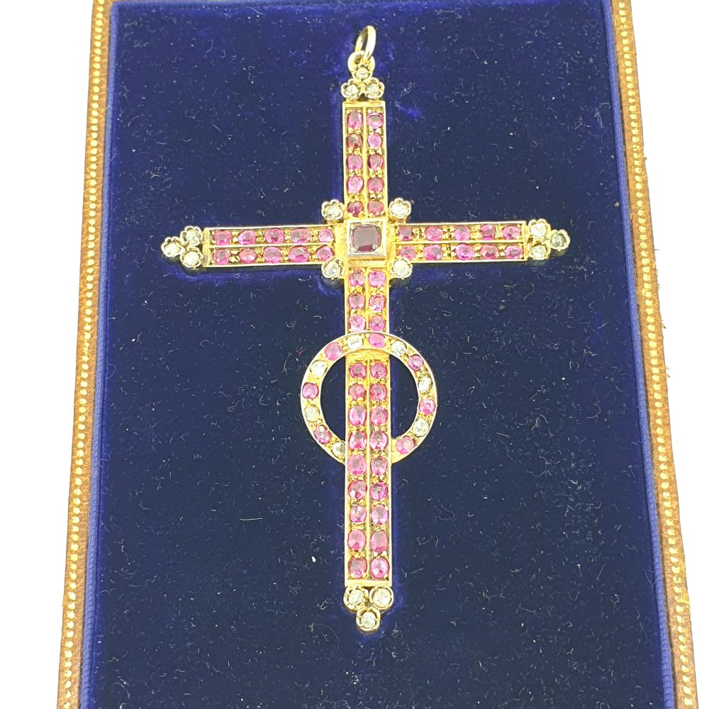 Victorian Antique Ruby and Rose Cut Diamond Cross Pendant