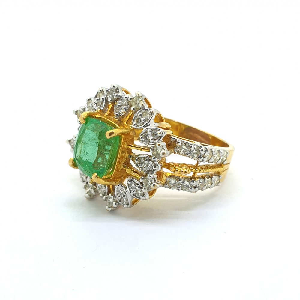 Emerald and Diamond Sunburst Cluster Dress Ring in 21ct Yellow Gold