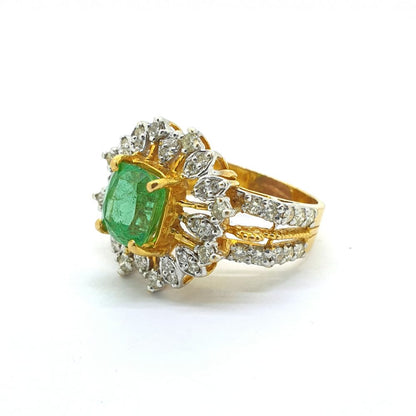 Emerald and Diamond Sunburst Cluster Dress Ring in 21ct Yellow Gold