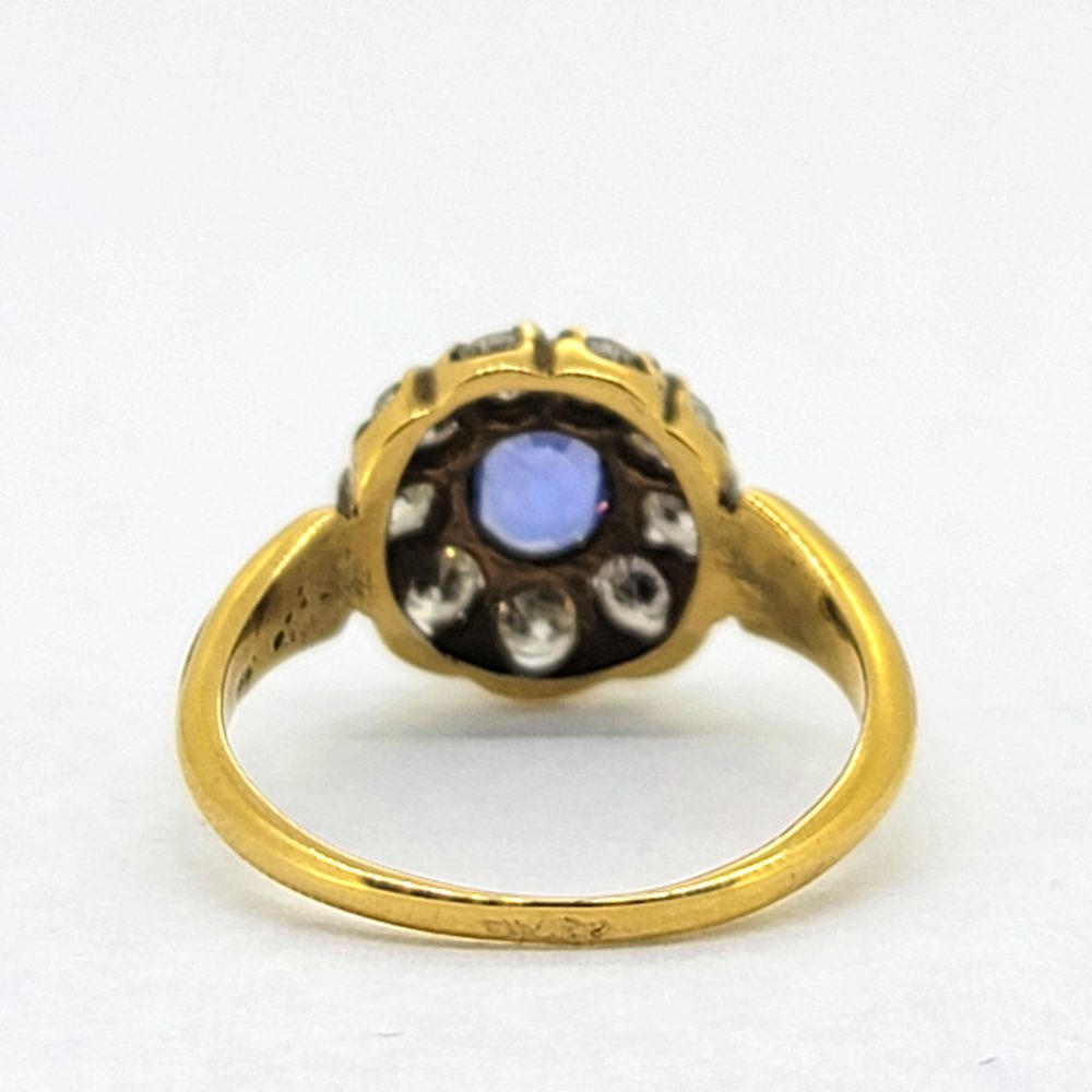 Antique Style Oval Sapphire and Diamond Cluster Engagement Ring, 0.80ct oval sapphire surrounded by 0.80cts sparkling diamonds in 18ct yellow gold with detailed shoulders