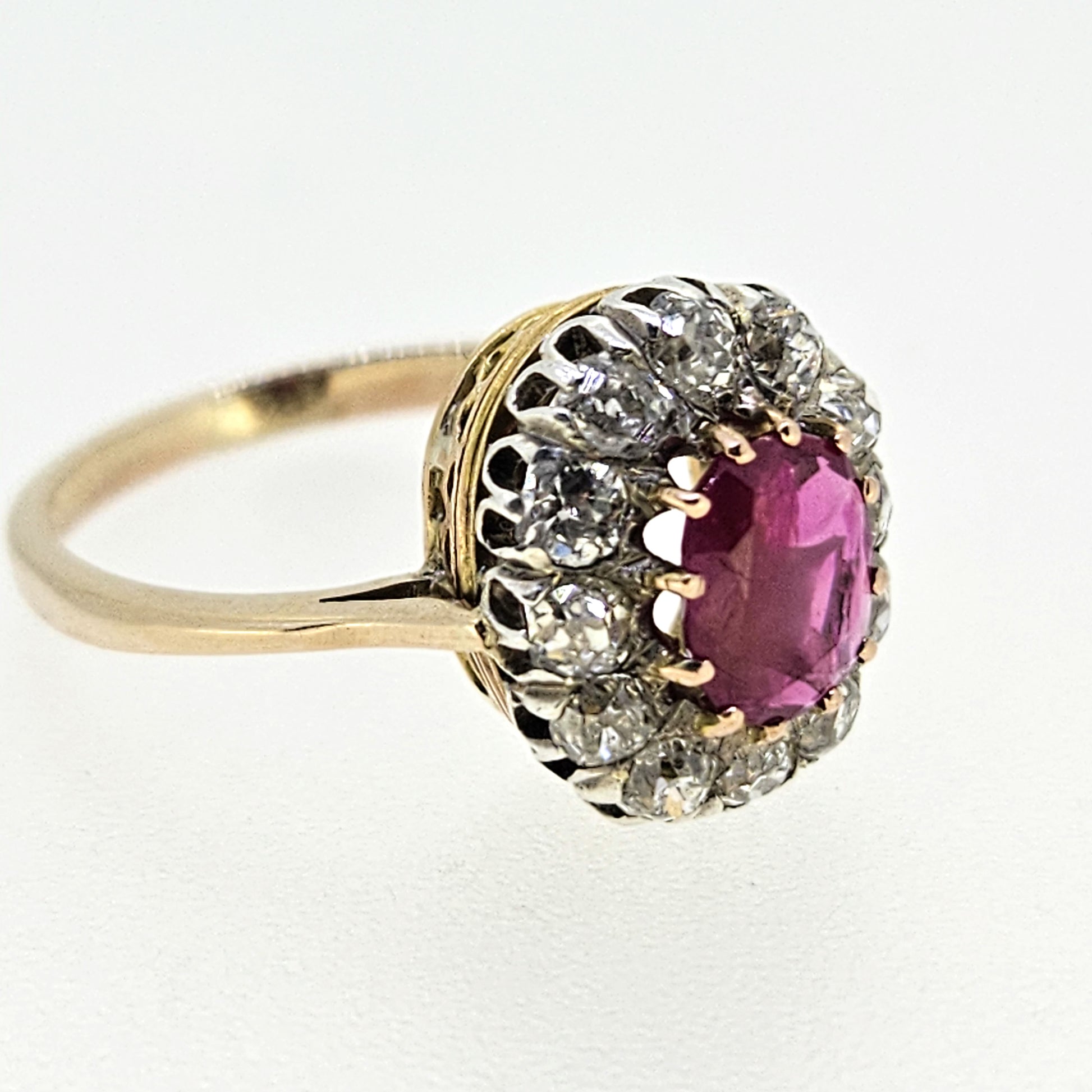 Natural No Heat Burma Ruby and Old Cut Diamond Cluster Engagement Ring