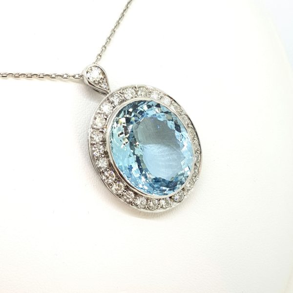 26ct Aquamarine and Diamond Oval Cluster Pendant