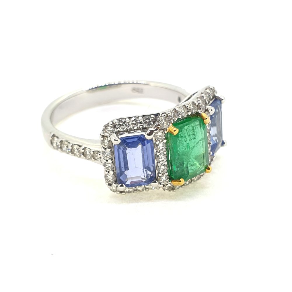 Emerald Sapphire and Diamond Three Stone Cluster Ring
