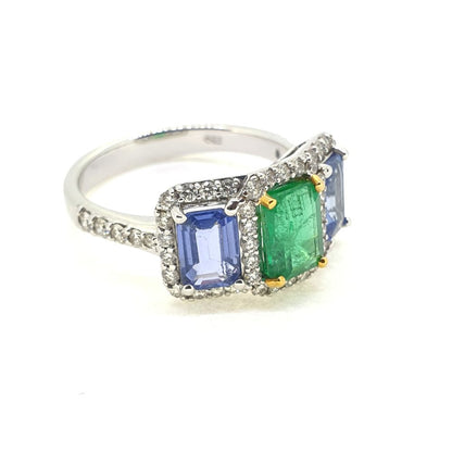 Emerald Sapphire and Diamond Three Stone Cluster Ring