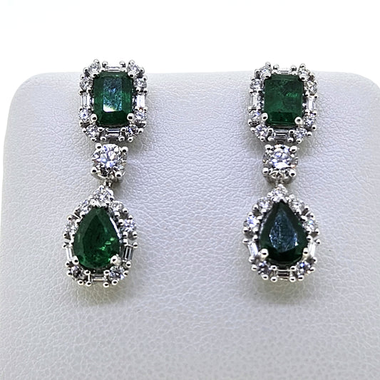 Emerald and Diamond drop earrings E2.46 D1.33 18ct