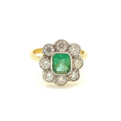 0.90ct Emerald and Diamond Floral Cluster Ring