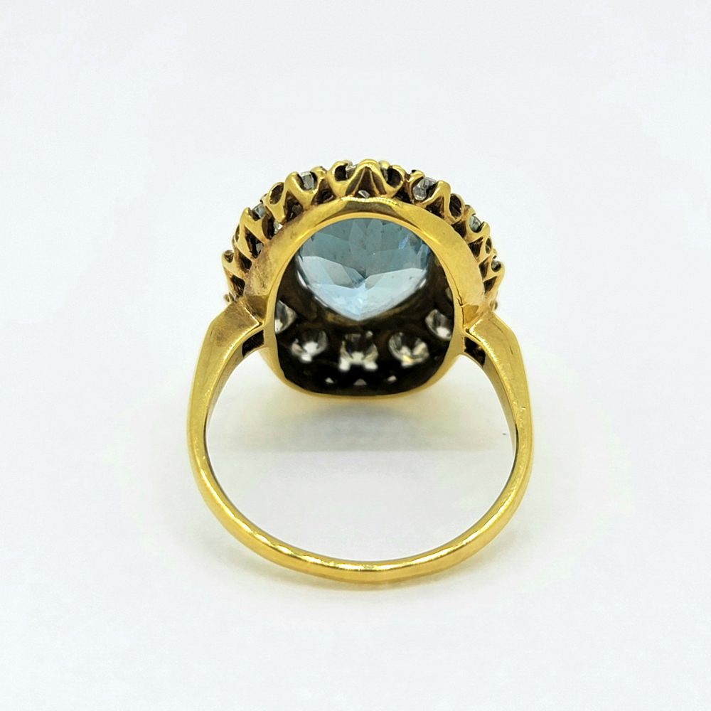 Vintage 4.50ct Aquamarine and 1.80ct Old Cut Diamond Cluster Ring in 18ct Yellow Gold