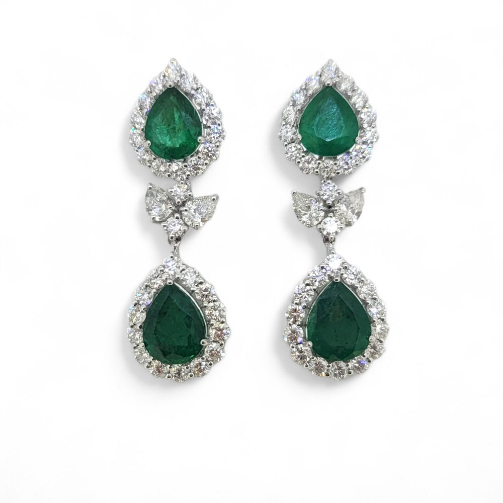 9.24ct Pear Emerald and Diamond Double Cluster Drop Earrings