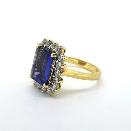 Emerald Cut Tanzanite and Diamond Cluster Ring, 4.45 carats