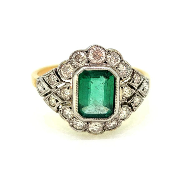 Vintage 1.10ct Emerald and Diamond Cluster Dress Ring