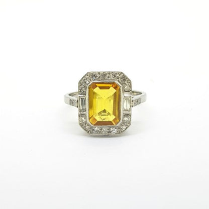 2ct Emerald Cut Yellow Sapphire and Diamond Cluster Dress Ring in Platinum