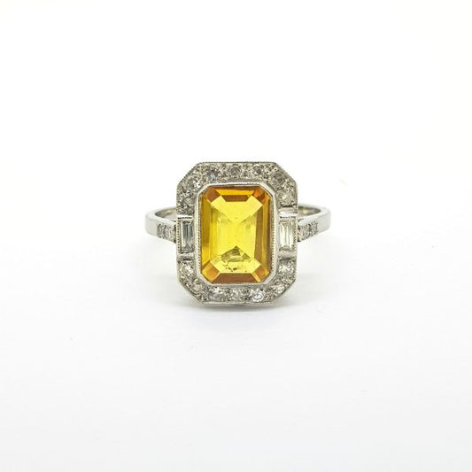 2ct Emerald Cut Yellow Sapphire and Diamond Cluster Dress Ring in Platinum