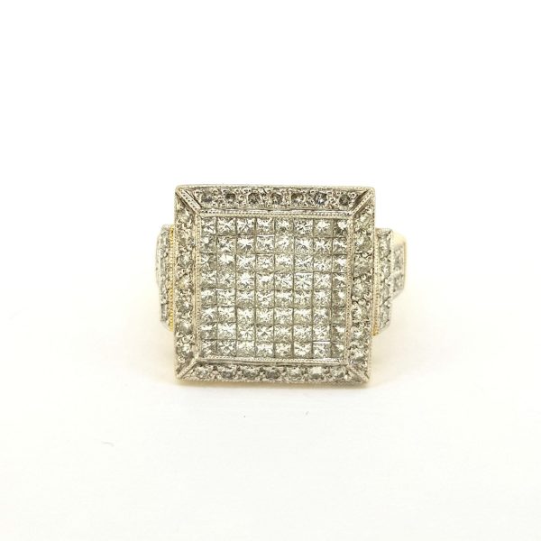 Unisex French Diamond Square Shaped Cluster Ring, 2.01 carat total