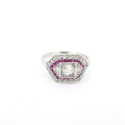 Art Deco Style Calibre Ruby and Diamond Cluster Ring