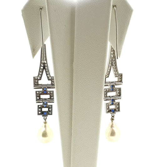 Art Deco Style Sapphire Pearl and Diamond Drop Earrings