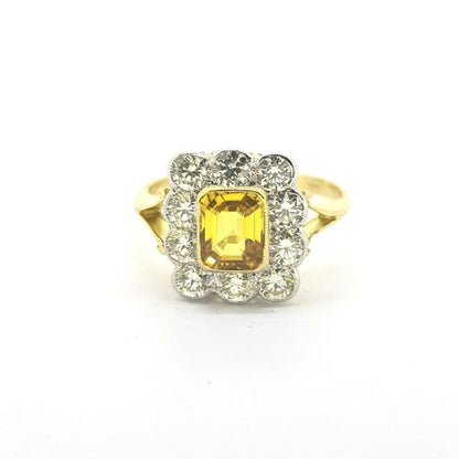 Vintage 1.20ct Yellow Sapphire and Diamond Cluster Ring in 18ct Yellow Gold, Circa 1970