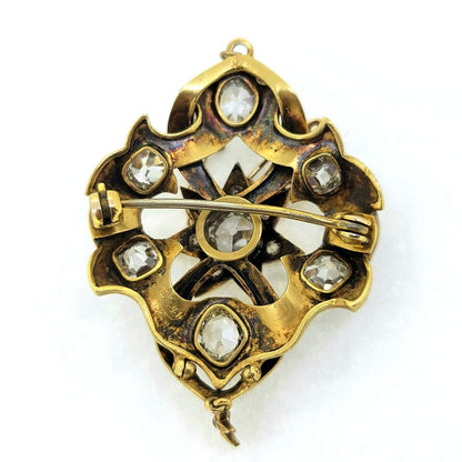 Victorian Antique 2.80ct Old Cut Diamond Blue Enamel and Gold Pendant Brooch
