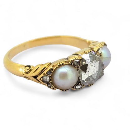Victorian Antique Natural Pearl and Rose Cut Diamond Three Stone Engagement Ring in Yellow Gold