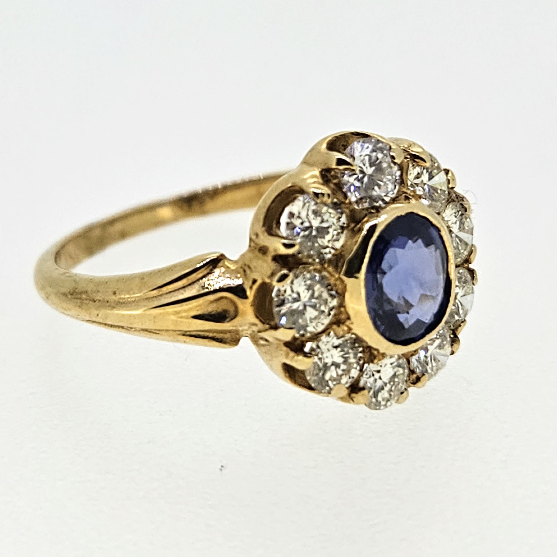 Antique Style Pre Owned 0.90ct Sapphire and Diamond Cluster Engagement Ring in 18ct Yellow Gold
