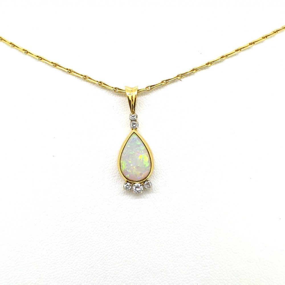 Vintage Teardrop Cabochon Opal and Diamond Pendant and Chain, Circa 1997