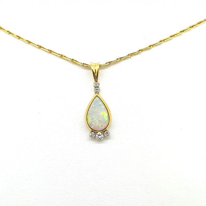 Vintage Teardrop Cabochon Opal and Diamond Pendant and Chain, Circa 1997